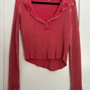 Free People Pink Ribbed Asymmetrical Polo Blouse